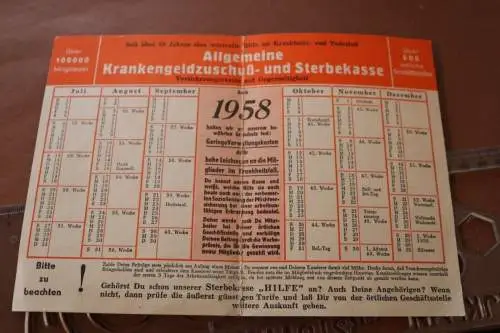 alter Kalender von 1958 - Allg. Krankengeldzuschuß- und Sterbekasse