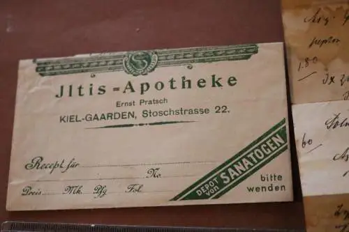 toller alter Apothekenumschlag Iltis-Apotheke Kiel mit zwei Rezepten von 1899 dr