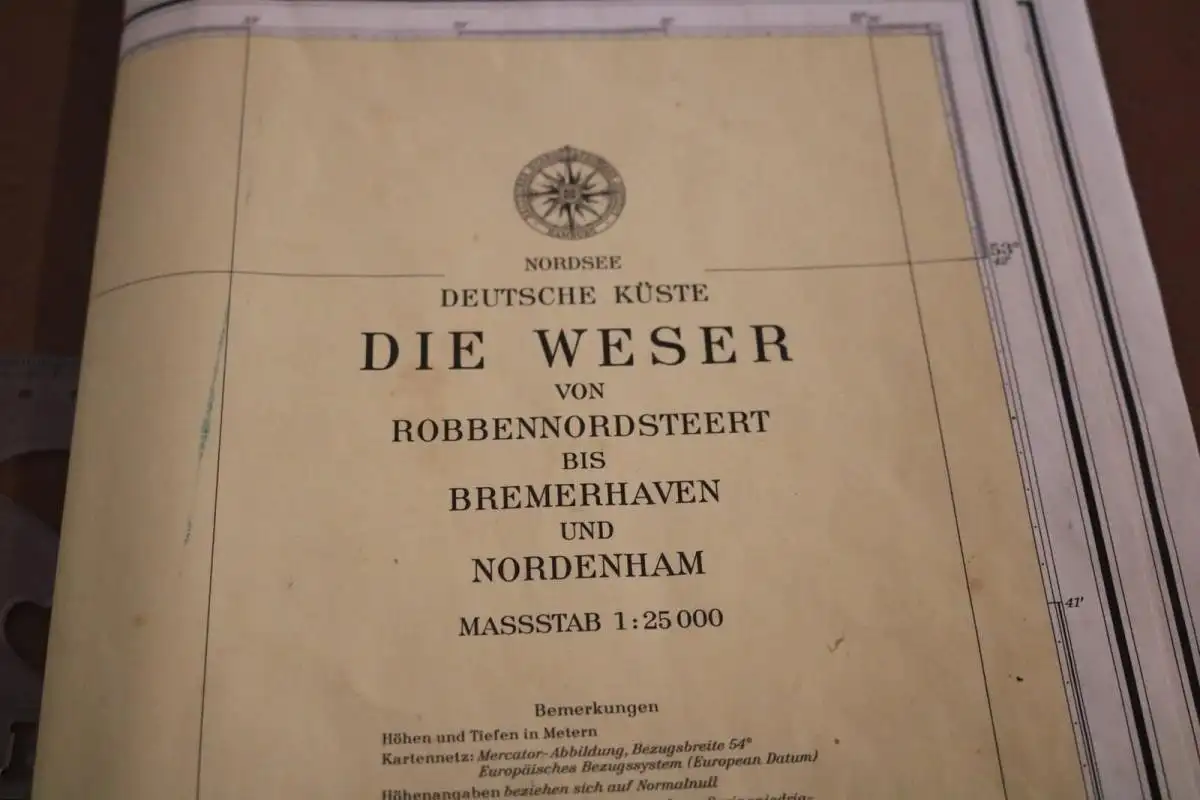 riesige Karte- Die Weser von Robbennordsteert bis Bremerhaven und Nordenham 1986
