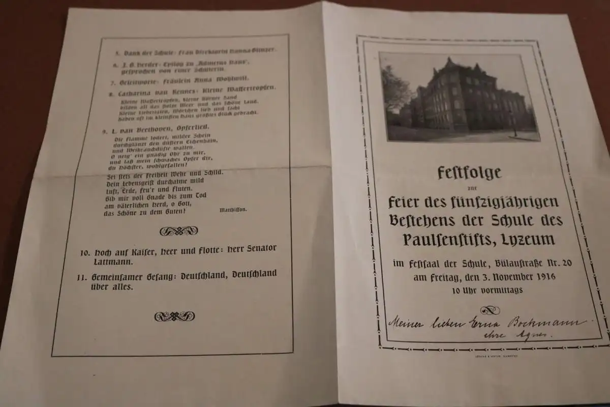 tolles altes Programmblatt Festfolge 50jähriges Bestehen Schule Paulsenstift Ham