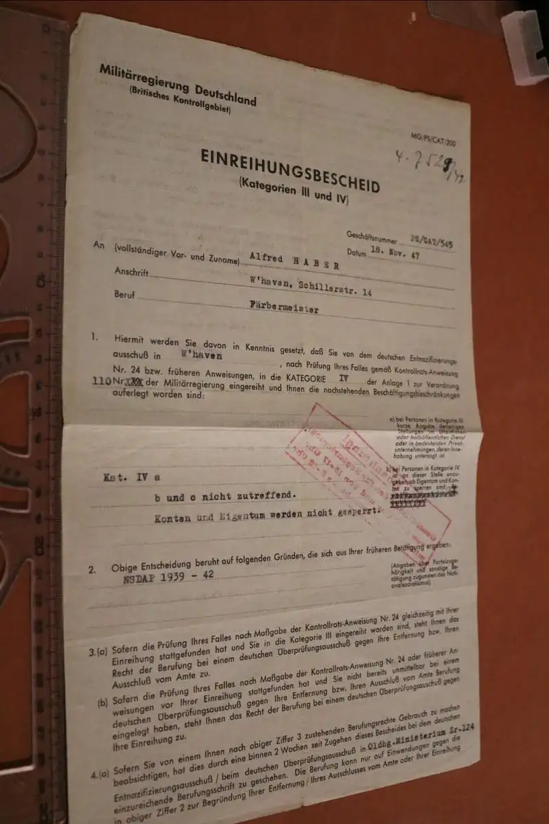 alter Einreihungsbescheid Militärregierung Deutschland Wilhelmshaven 1947