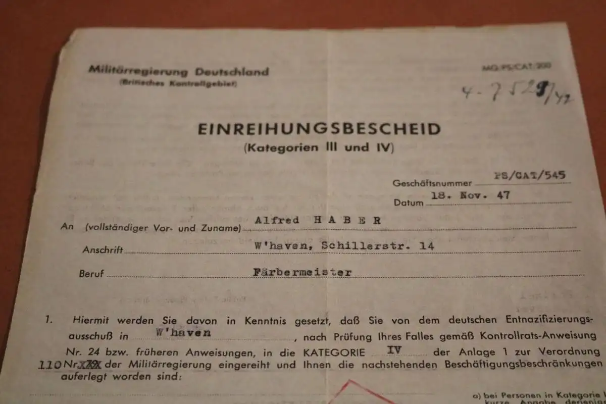 alter Einreihungsbescheid Militärregierung Deutschland Wilhelmshaven 1947