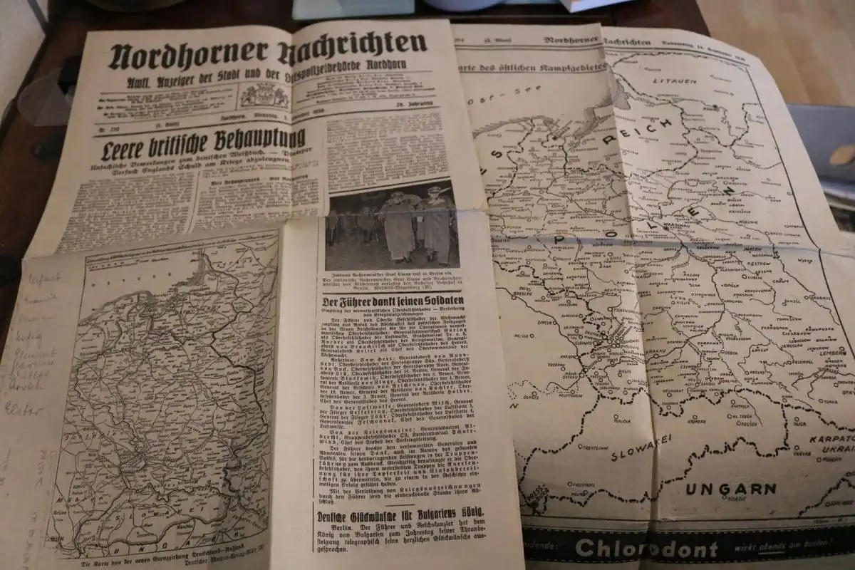 altes Zeitungsblatt Nordhorner Nachrichten 03.10.1939 + Seite Karte 14.09.1939