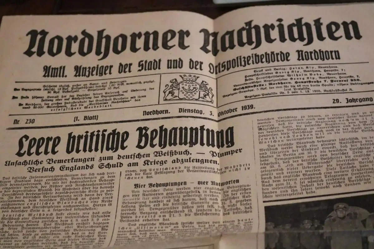 altes Zeitungsblatt Nordhorner Nachrichten 03.10.1939 + Seite Karte 14.09.1939