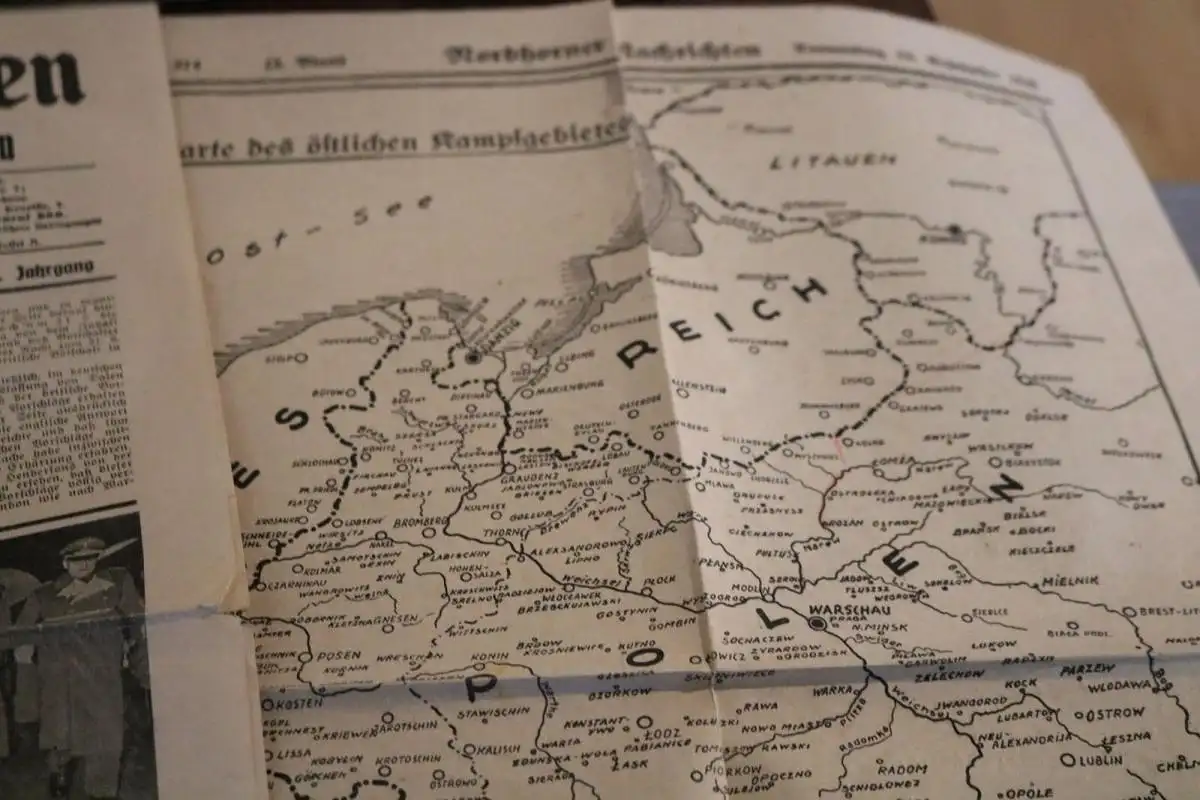 altes Zeitungsblatt Nordhorner Nachrichten 03.10.1939 + Seite Karte 14.09.1939