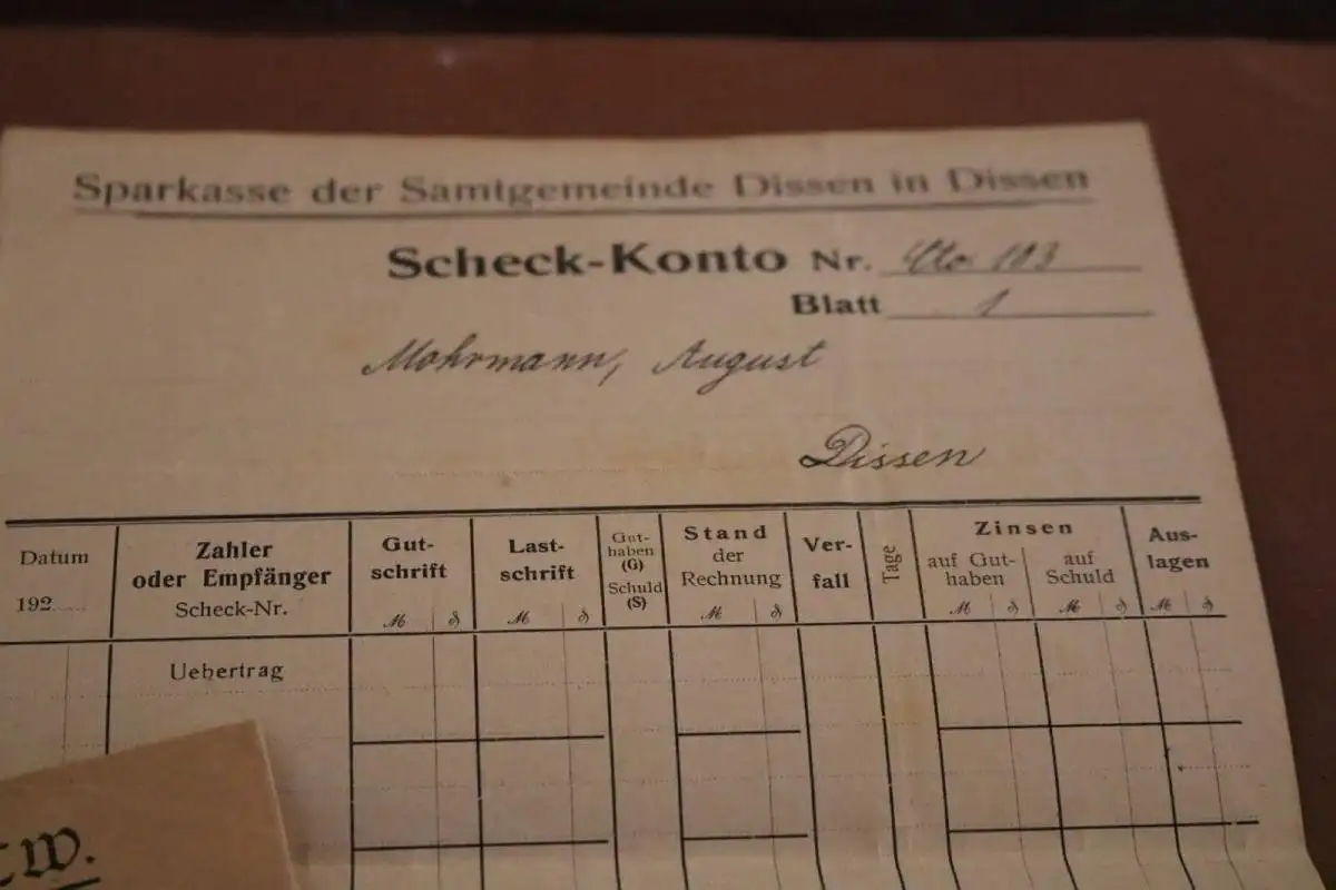 alter Umschlag mit Inhalt - Sparkasse der Samtgemeinde Dissen 1925