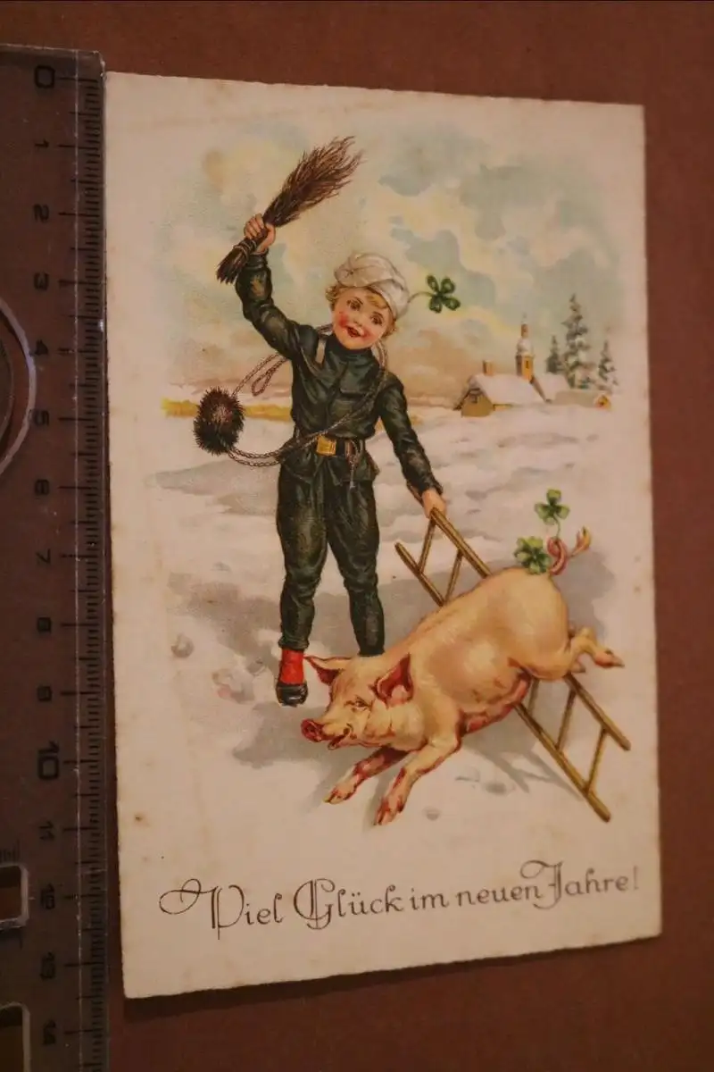 tolle alte Neujahrskarte - Schwein und Schornsteinfeger 1910-30 ???