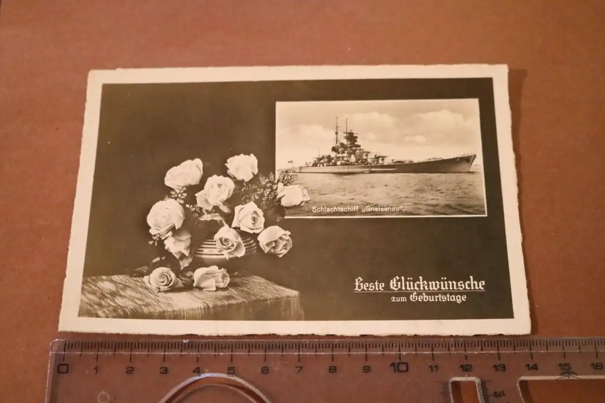 tolle alte Glückwunschkarte Geburtstag  Schlachtschiff Gneisenau 