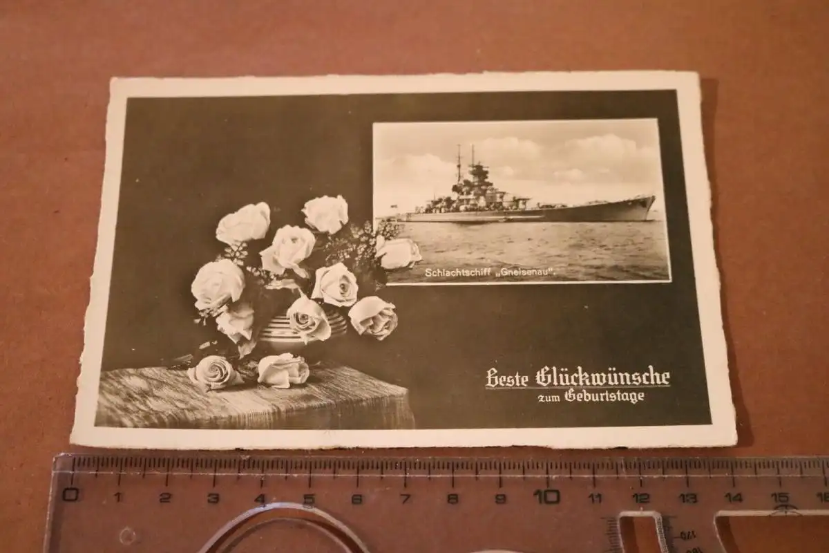 tolle alte Glückwunschkarte Geburtstag  Schlachtschiff Gneisenau (2)