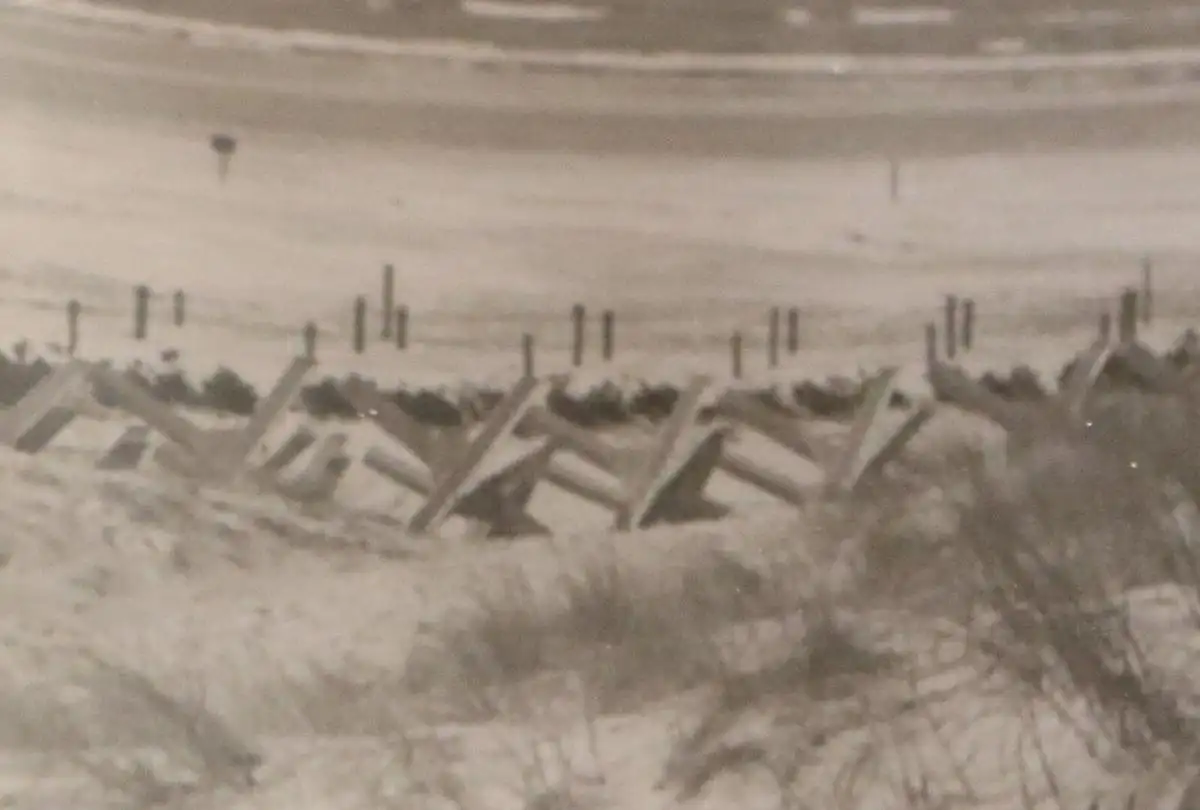 tolles altes Foto - Soldat mit Welpe am Strand - Panzersperren ? Ort ?