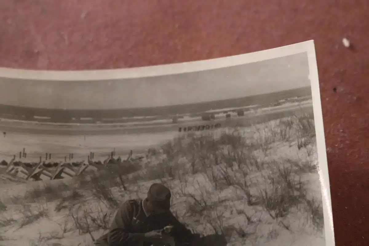 tolles altes Foto - Soldat mit Welpe am Strand - Panzersperren ? Ort ?