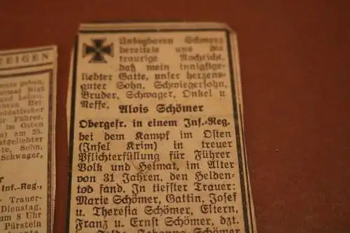 zwei alte Todesanzeigen eines Soldaten - Gefallen auf der Krim 