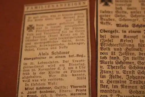 zwei alte Todesanzeigen eines Soldaten - Gefallen auf der Krim 