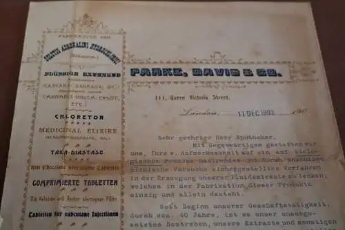 toller alter Werbebrief an Apotheker von Parke, Davis & Co - London 1903 