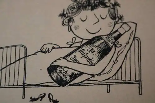 tolle alte Künstlerkarte - Handskizze Frau im Bett mit Flasche Dujardin