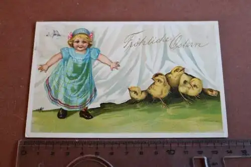 tolle alte Prägekarte - Frohe Ostern - Mächen mit Küken  1910