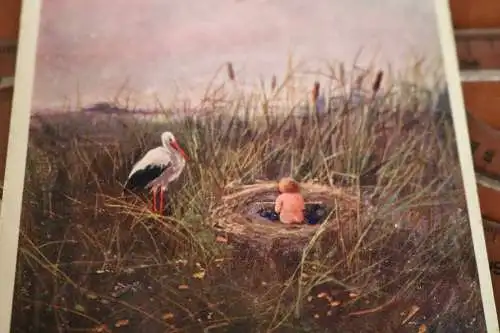 tolle alte Karte - Künstlerkarte - Nest mit Baby daneben der Storch 