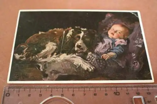 tolle alte Karte - Caspar Ritter, treu bewacht - Hund bewacht Baby