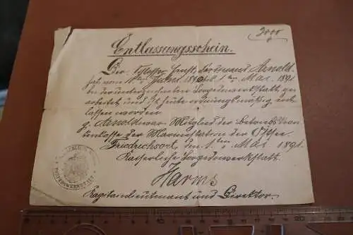 alter Entlassungsschein Schlosser Torpedowerkstatt Friedrichsort - 1891