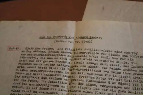 alter Tagebuchauszug eines Soldaten 09.06.1940 - Inf.Regt. 14 - Frankreich