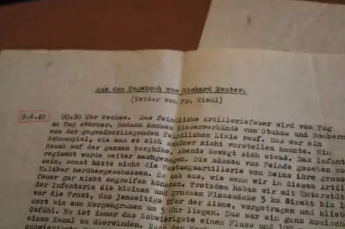 alter Tagebuchauszug eines Soldaten 09.06.1940 - Inf.Regt. 14 - Frankreich 