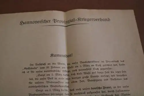 toller alter  Handzettel Wahl - Hannoverscher Provinzial Kriegerverband Generall