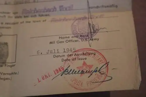 altes Registrierungspapier eines Mannes Reichenbach Juli 1945 - Military Gouver
