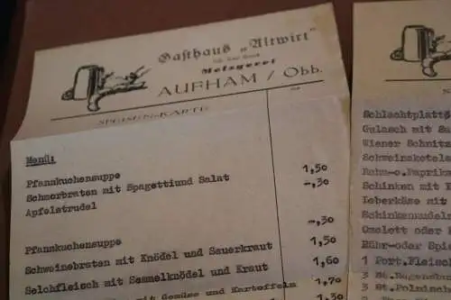 zwei alte Speisekarten - Gasthaus Altwirt - Aufham / Obb.  20-30er Jahre ???