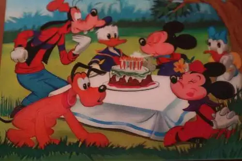 tolle alte 3-D Karte - Mickey Mouse - Party - Pluto, Donald , Goofy