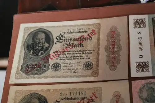 sieben  alte Banknoten -  sechs Deutsches Reich und eine spanische