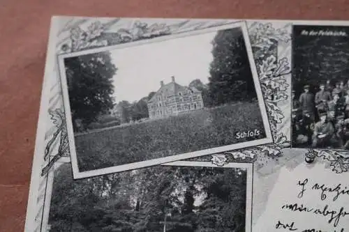 alte Feldpostkarte - Ansichten Schloß , Friedhof, Feldküche Ort ?1917