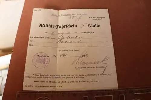 alter Militär-Fahrschein  II Klasse Offizier - Charleville - Baroncourt 1916