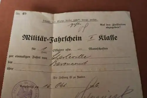 alter Militär-Fahrschein  II Klasse Offizier - Charleville - Baroncourt 1916