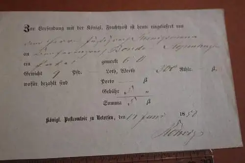 zwei sehr alte Quittungen herzogl. Frachtpost zu Uetersen 1852 und 1865