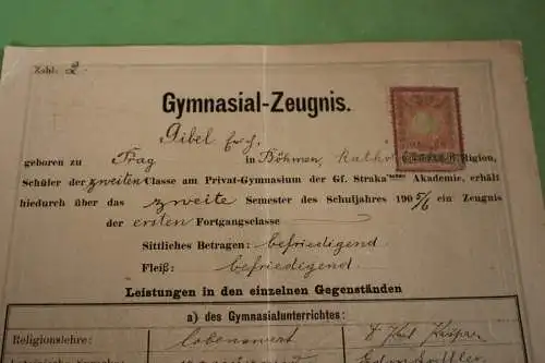 tolles altes Zeugnis 1906 - Privat-Gymnasium Gf. Straka´schen Akademie Prag