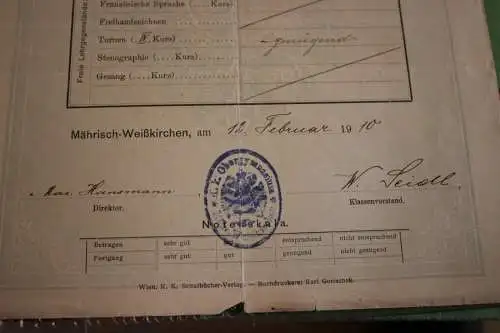 toller alter Semestral-Ausweis 1910 K.K. Staats-Gymnasium - Mährisch-Weißkirchen