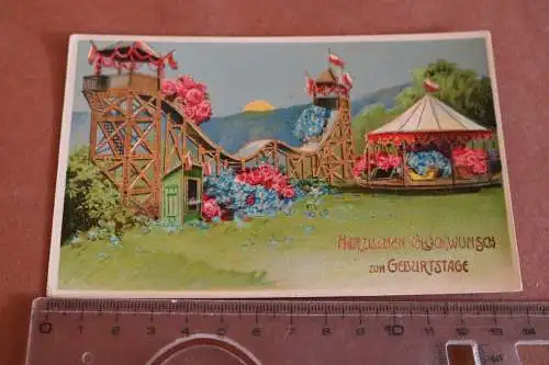 Tolle alte Kitschkarte - Glückwunsch Geburtstag - Karussell ,  Jahrmarkt 1911