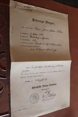 Altes Führungs-Zeugnis einer Frau - Kgl. Polizei-Direktion Dresden 1909