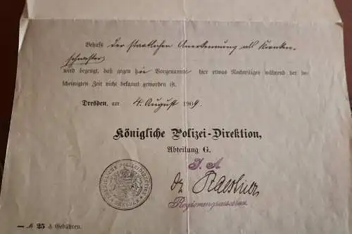 altes Führungs-Zeugnis einer Frau - Kgl. Polizei-Direktion Dresden 1909