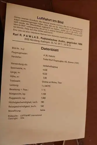 alte Datenkarte- Focke-Wulf A 28 Habicht Datenblatt - 1974 - Luftfahrt im Bild 