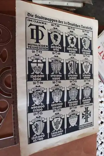zwei alte Blätter - Die Stadtwappen der 14 deutschen Turnfeste und Vorderseite 