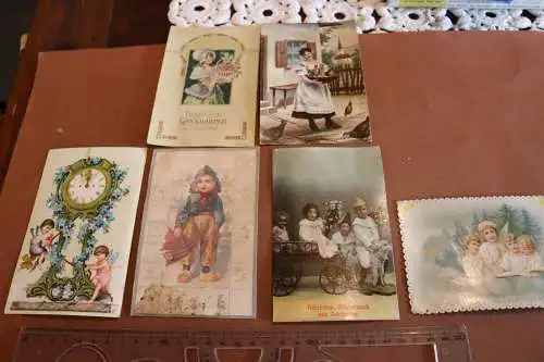 Sechs alte Glückwunschkarten - Kitsch, Präge  Engel usw. 1900-1910