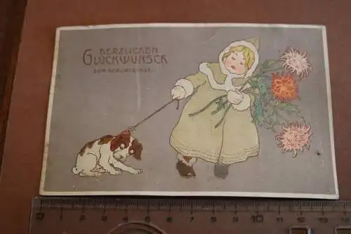 tolle alte Künstlerkarte ? Mädchen mit Hund - Geburtstagsgruss 1910-15 ?