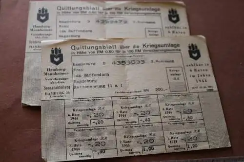 zwei alte Quittungsblätter Kriegsumlage 1944 - Hamburg-Mannheimer