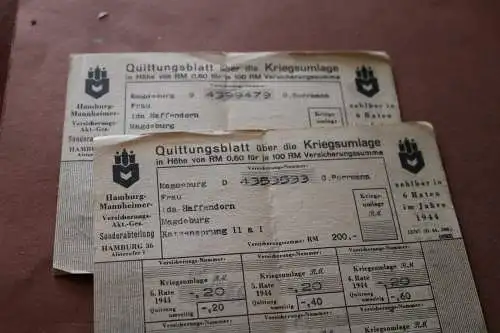 zwei alte Quittungsblätter Kriegsumlage 1944 - Hamburg-Mannheimer