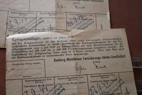 zwei alte Quittungsblätter Kriegsumlage 1944 - Hamburg-Mannheimer