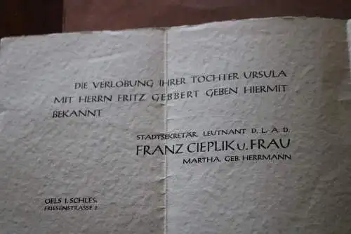 alte Verlobungsbekanntgabe eines Uffz der Luftwaffe  Oels i. Schlesien 1942