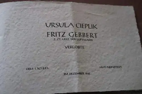 alte Verlobungsbekanntgabe eines Uffz der Luftwaffe  Oels i. Schlesien 1942