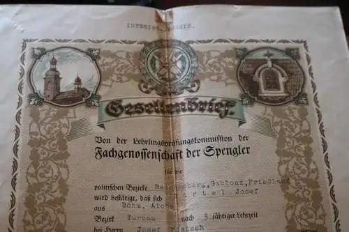 toller alter Gesellenbrief mit Hülle  für einen Spengler - Reichenberg 1926