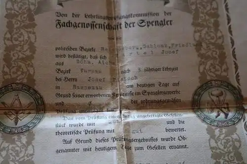 toller alter Gesellenbrief mit Hülle  für einen Spengler - Reichenberg 1926